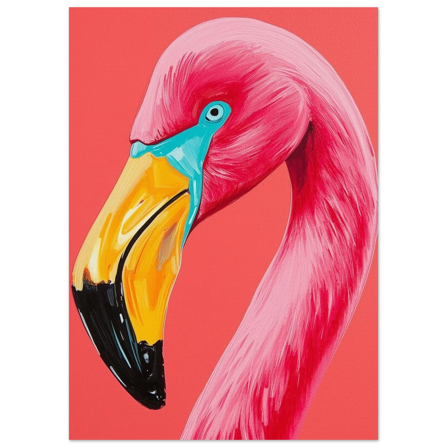 Färgstark flamingoposter med penseldrag i rosa och gult, modern konst