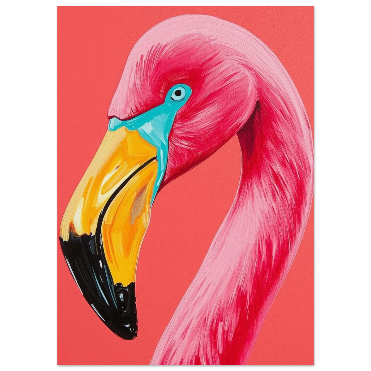 Färgstark flamingoposter med penseldrag i rosa och gult, modern konst
