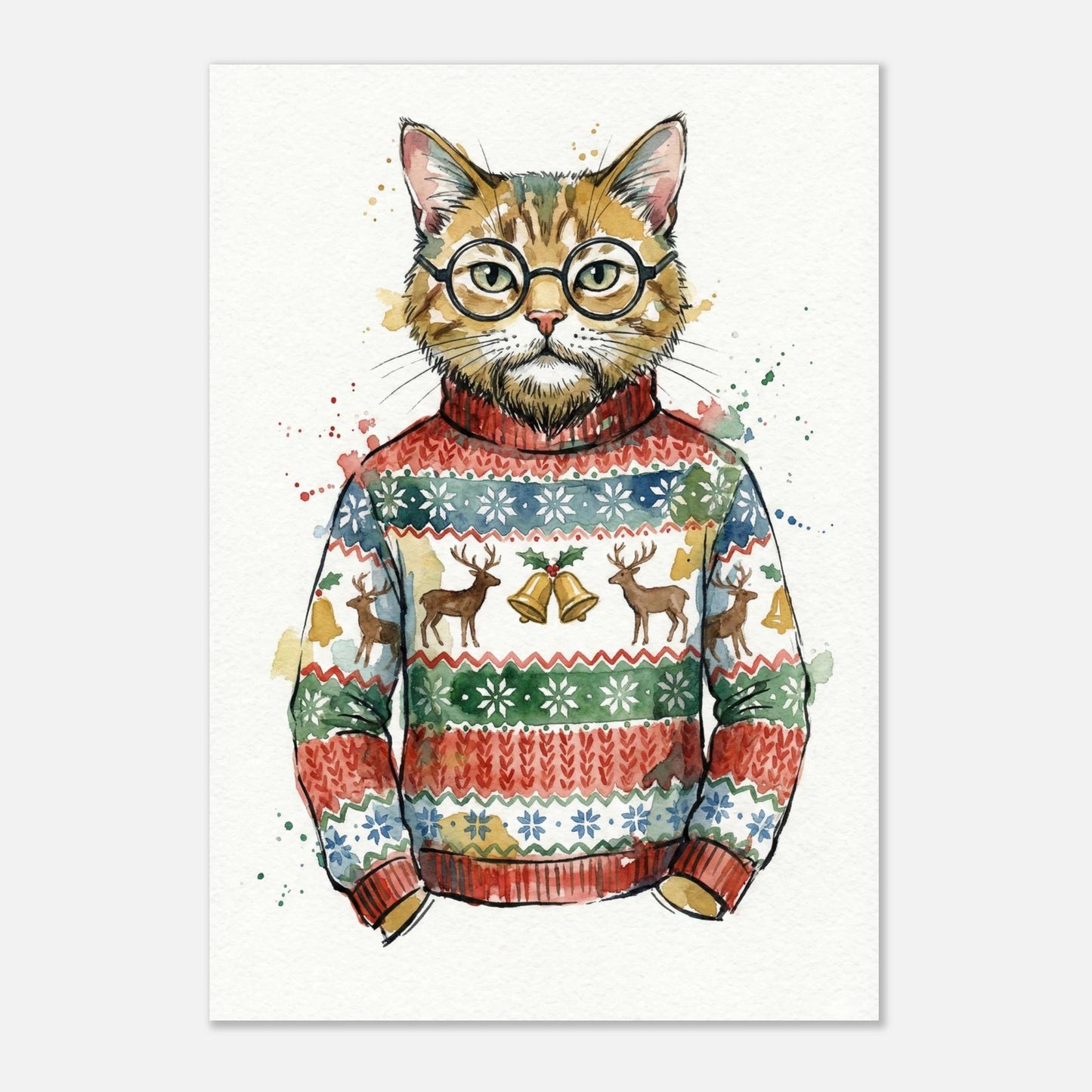Söt djurposter av en katt med intellektuell look i jultröja