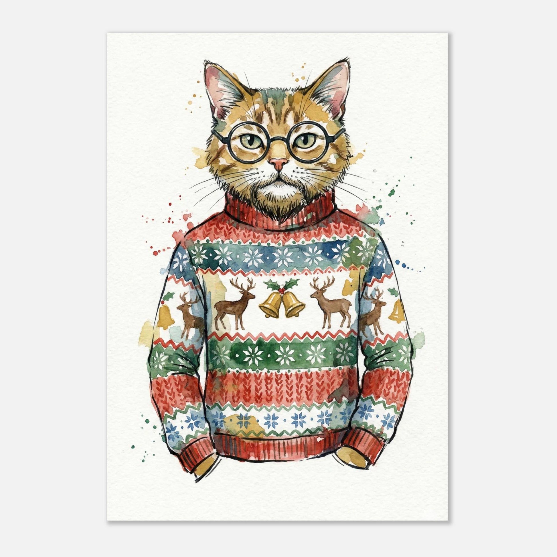 Söt djurposter av en katt med intellektuell look i jultröja
