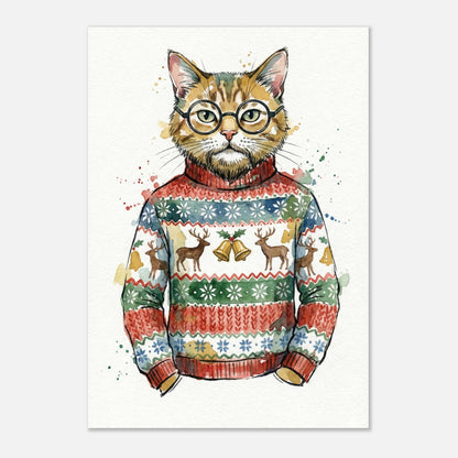 Söt djurposter av en katt med intellektuell look i jultröja