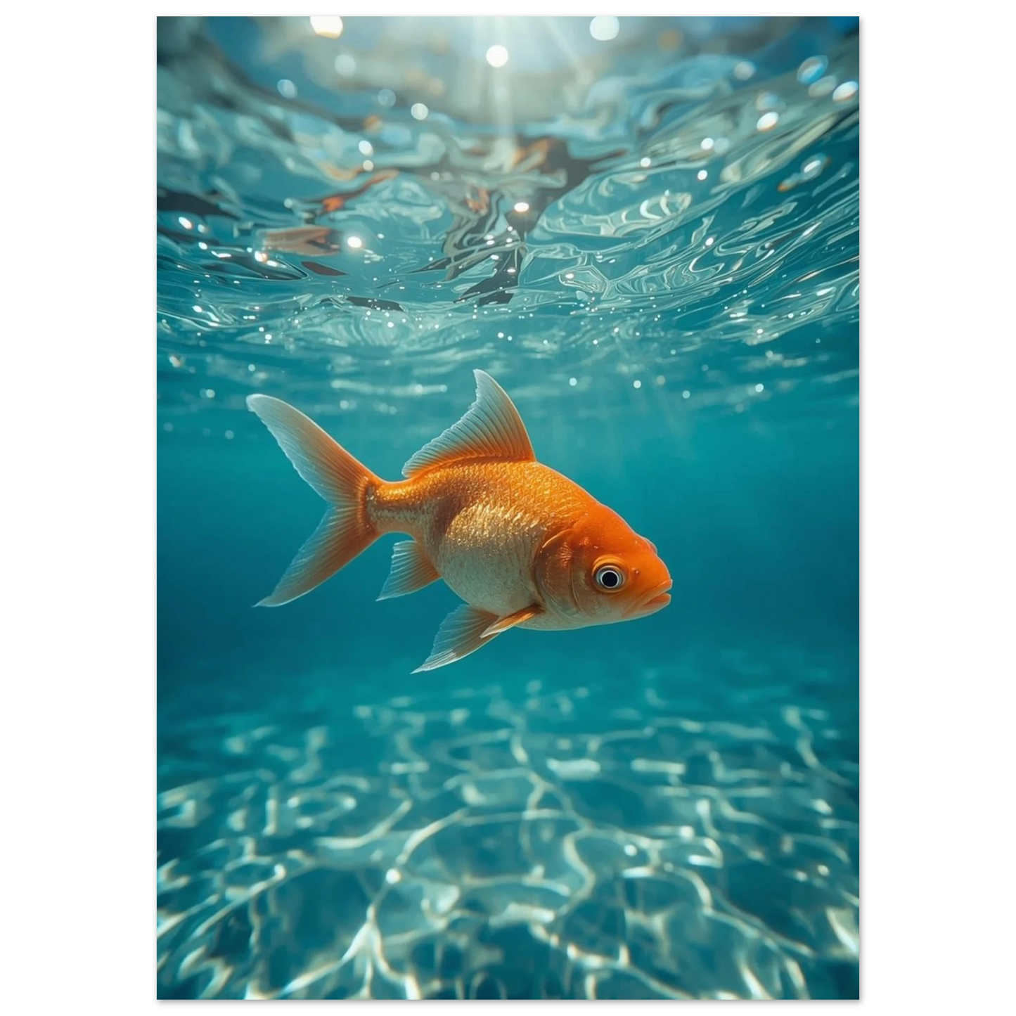 Närbild på guldfisk under ytan i akvamarinfärgat vatten, fotorealistisk poster