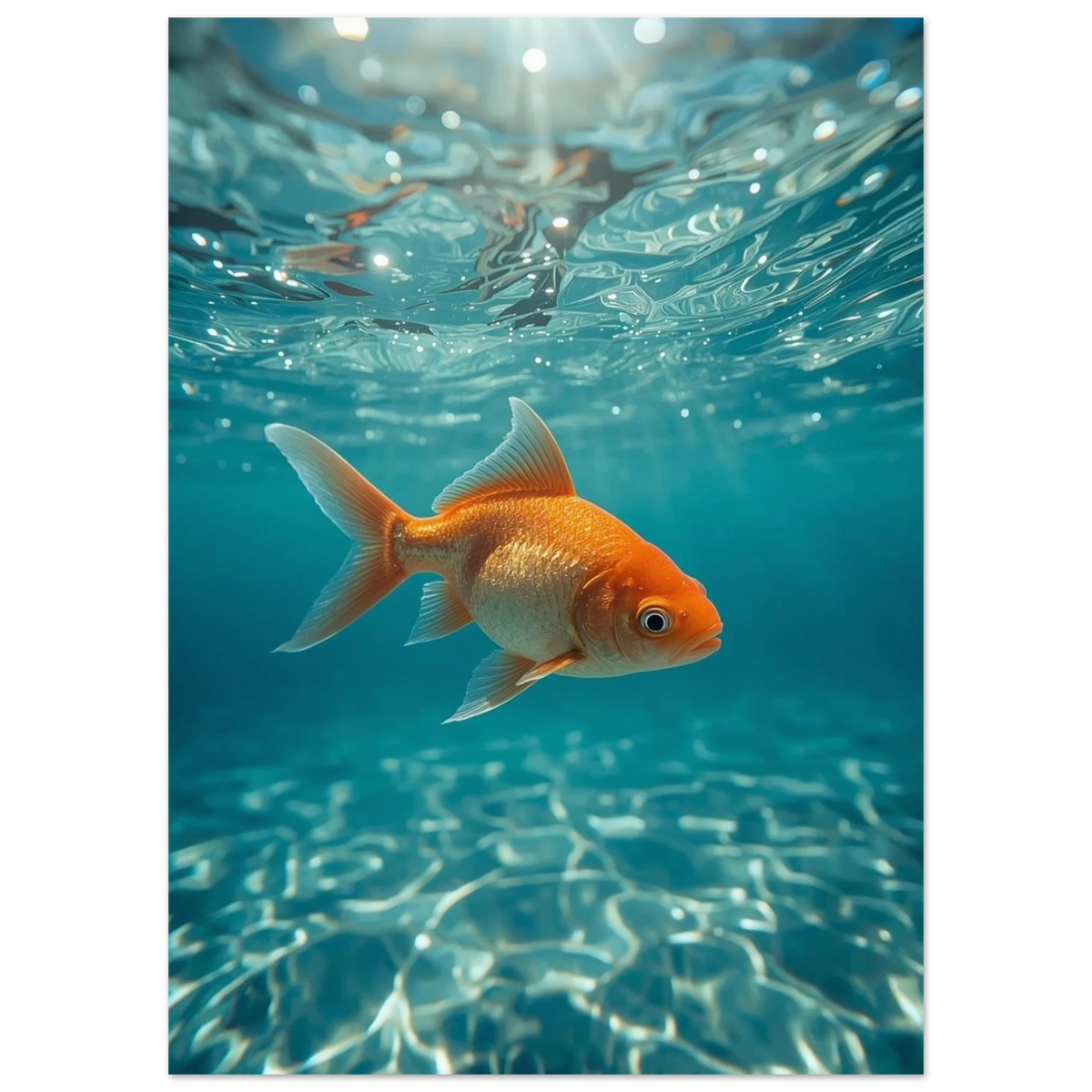 Närbild på guldfisk under ytan i akvamarinfärgat vatten, fotorealistisk poster