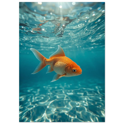 Närbild på guldfisk under ytan i akvamarinfärgat vatten, fotorealistisk poster