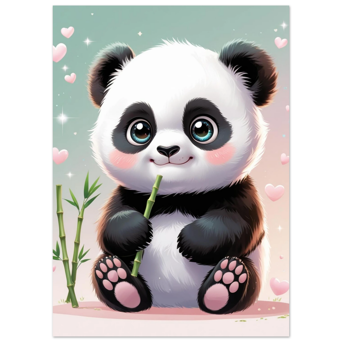 Illustration av en liten panda med rosa kinder och hjärtan