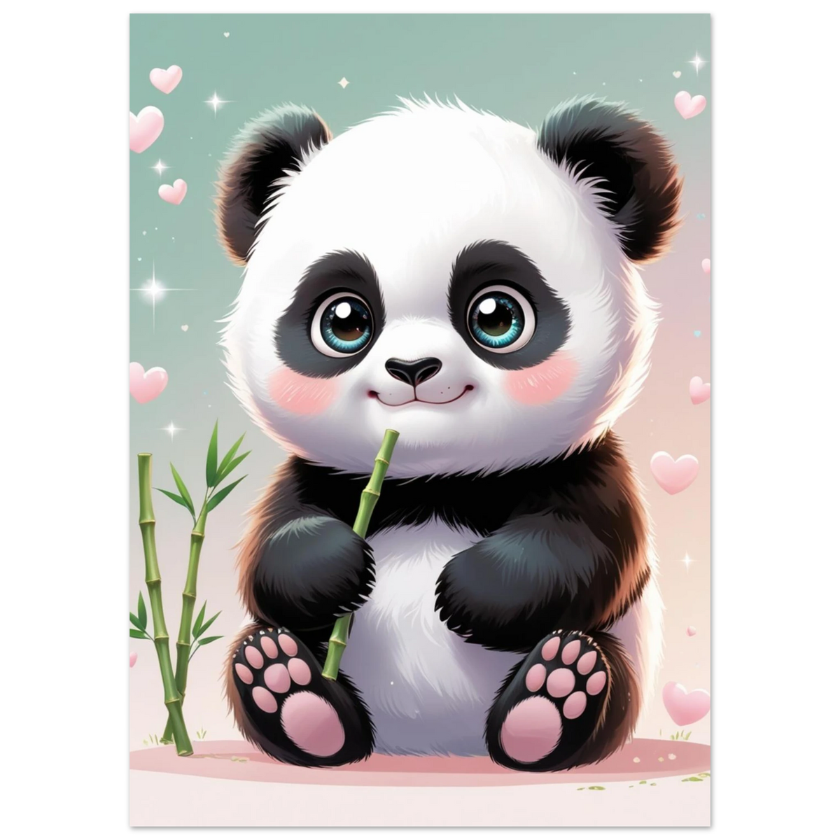 Illustration av en liten panda med rosa kinder och hjärtan