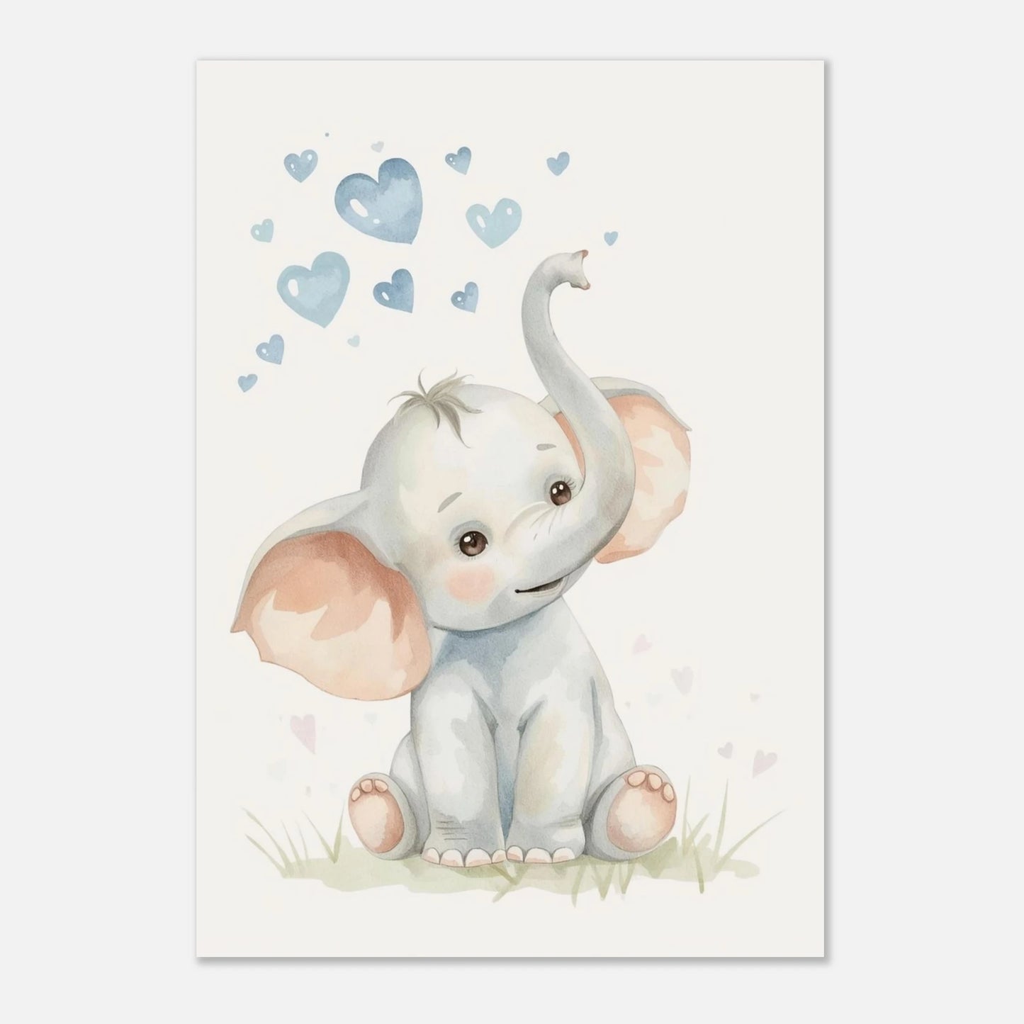 Harmoniskt djurmotiv av en baby-elefant med rosa öron och blå hjärtan