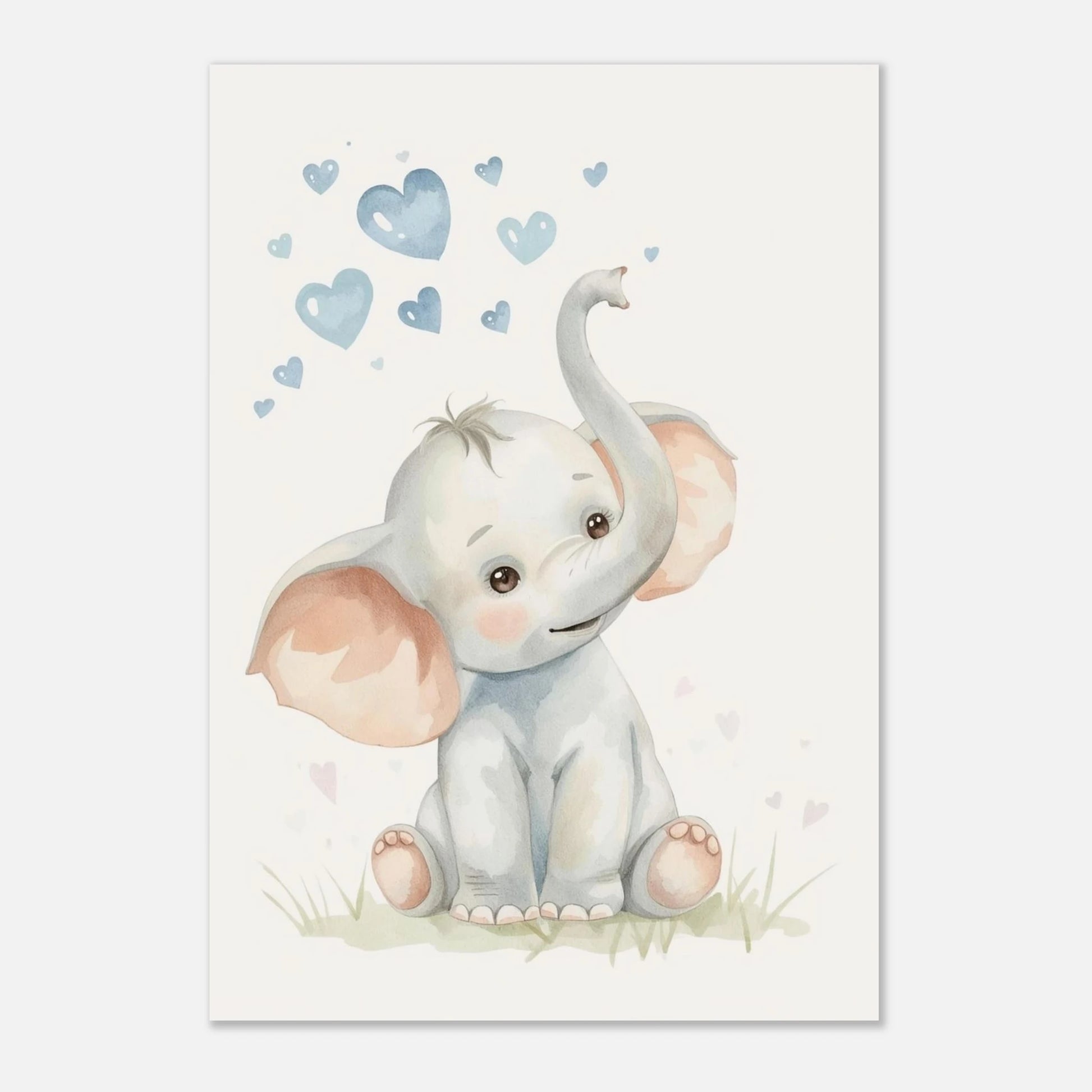 Harmoniskt djurmotiv av en baby-elefant med rosa öron och blå hjärtan