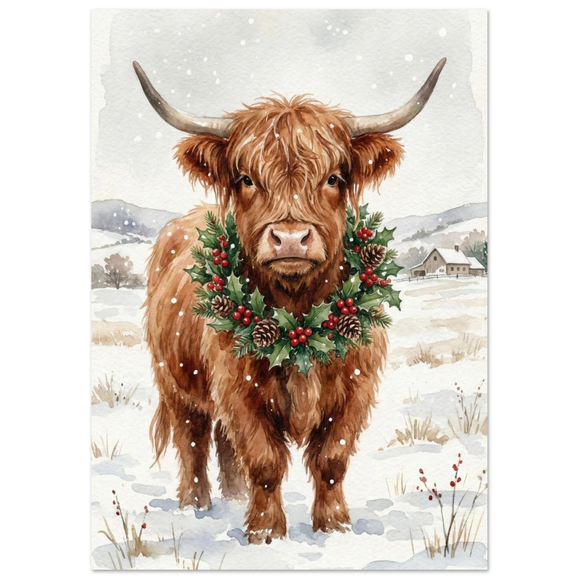 Skotsk Highland Cow med bärkrans och horn – vintrigt djurmotiv
