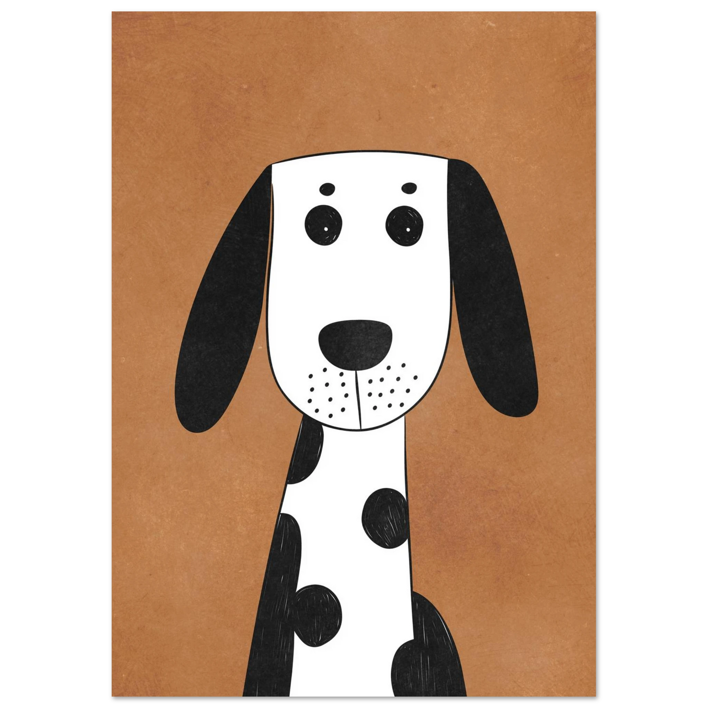 Illustration av en prickig hund med vänlig blick, djurmotiv print