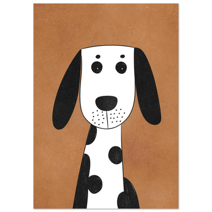 Illustration av en prickig hund med vänlig blick, djurmotiv print