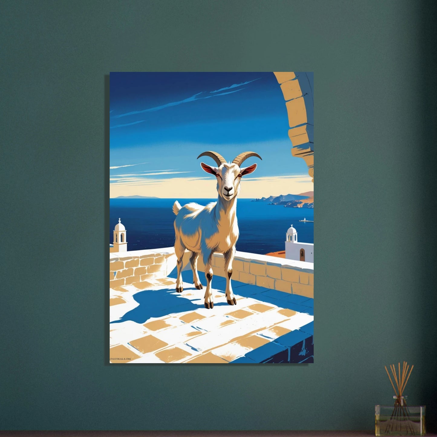 Vit get på terrass med Medelhavsutsikt, vintage reseposter illustration.