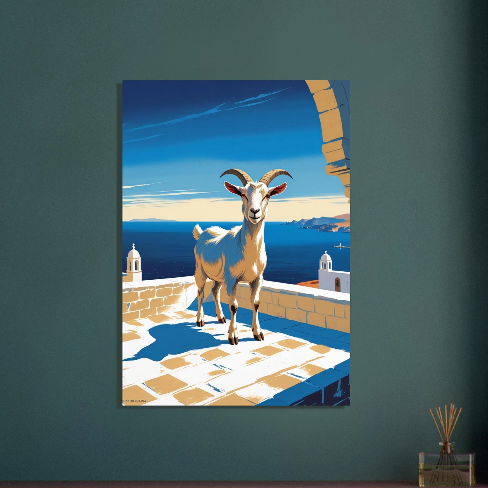 Vit get på terrass med Medelhavsutsikt, vintage reseposter illustration.