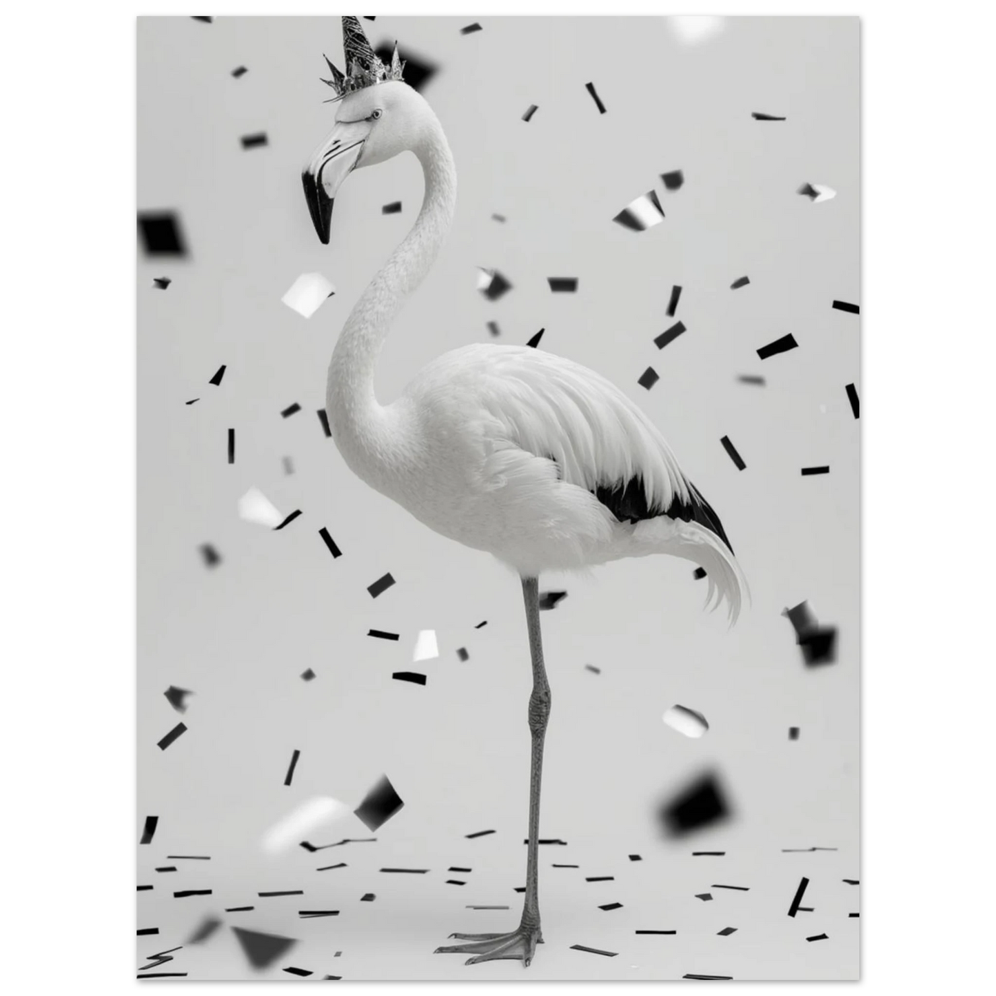 Festlig djurposter med en flamingo och fallande papperskonfetti i gråskala
