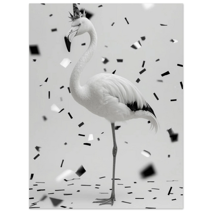 Festlig djurposter med en flamingo och fallande papperskonfetti i gråskala