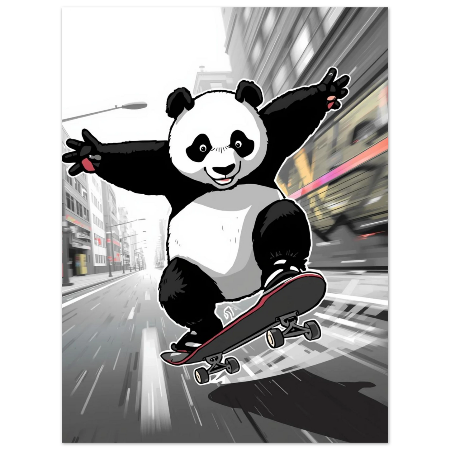 Panda gör ett hopp på skateboard i city – lekfullt djurmotiv