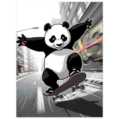 Panda gör ett hopp på skateboard i city – lekfullt djurmotiv
