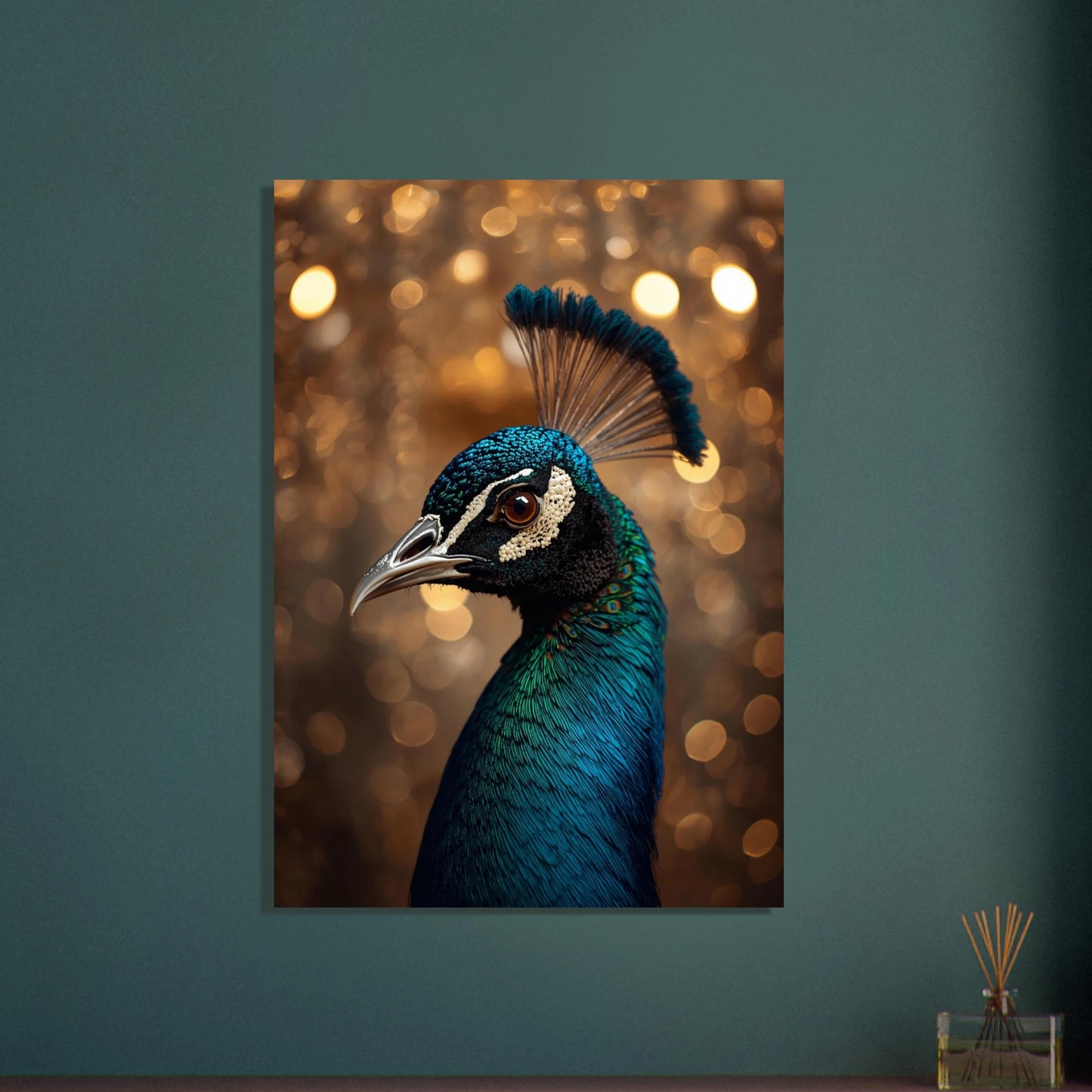 Påfågelns huvud med skimrande blågröna fjädrar mot gyllene bokeh-bakgrund.