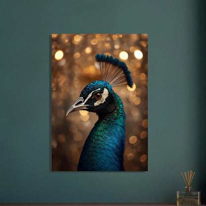 Påfågelns huvud med skimrande blågröna fjädrar mot gyllene bokeh-bakgrund.