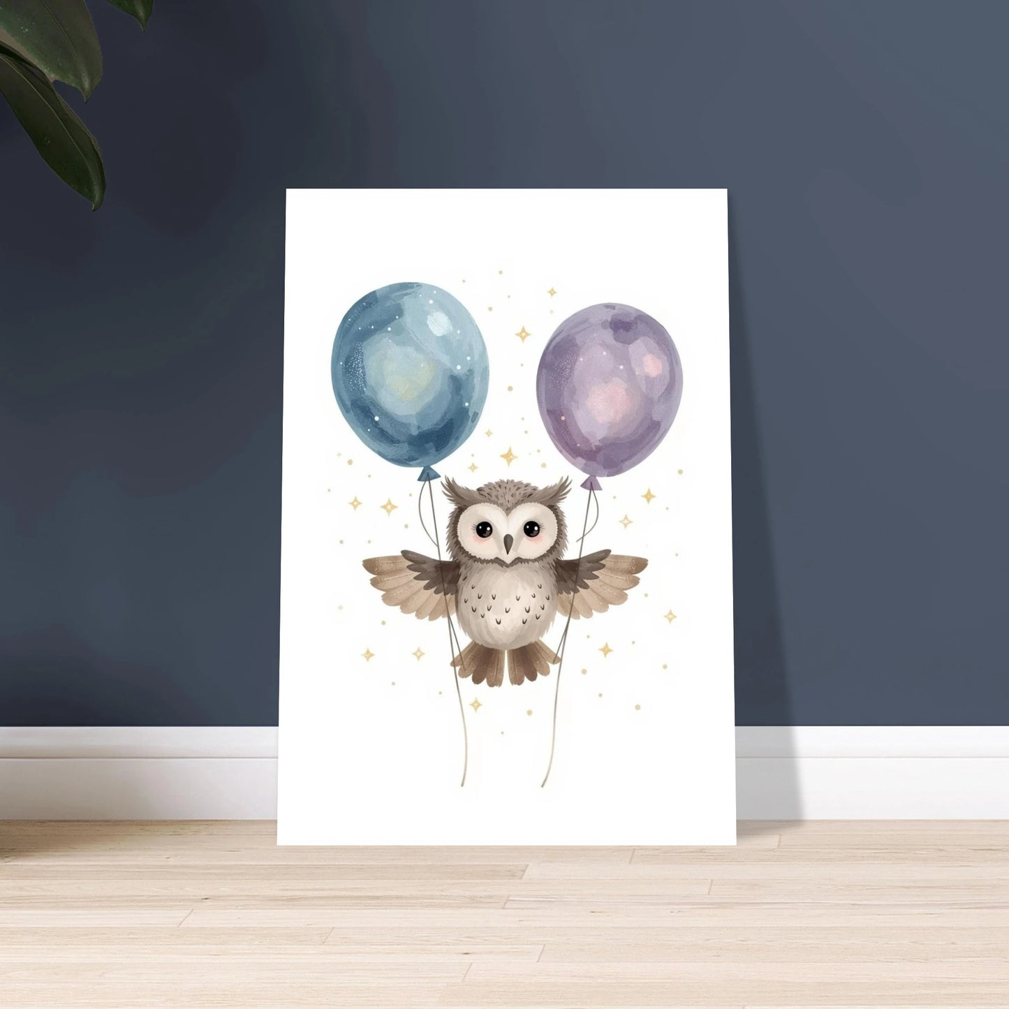 Söt uggla med ballonger och stjärnor, drömsk illustration