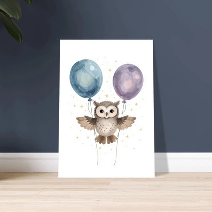 Söt uggla med ballonger och stjärnor, drömsk illustration