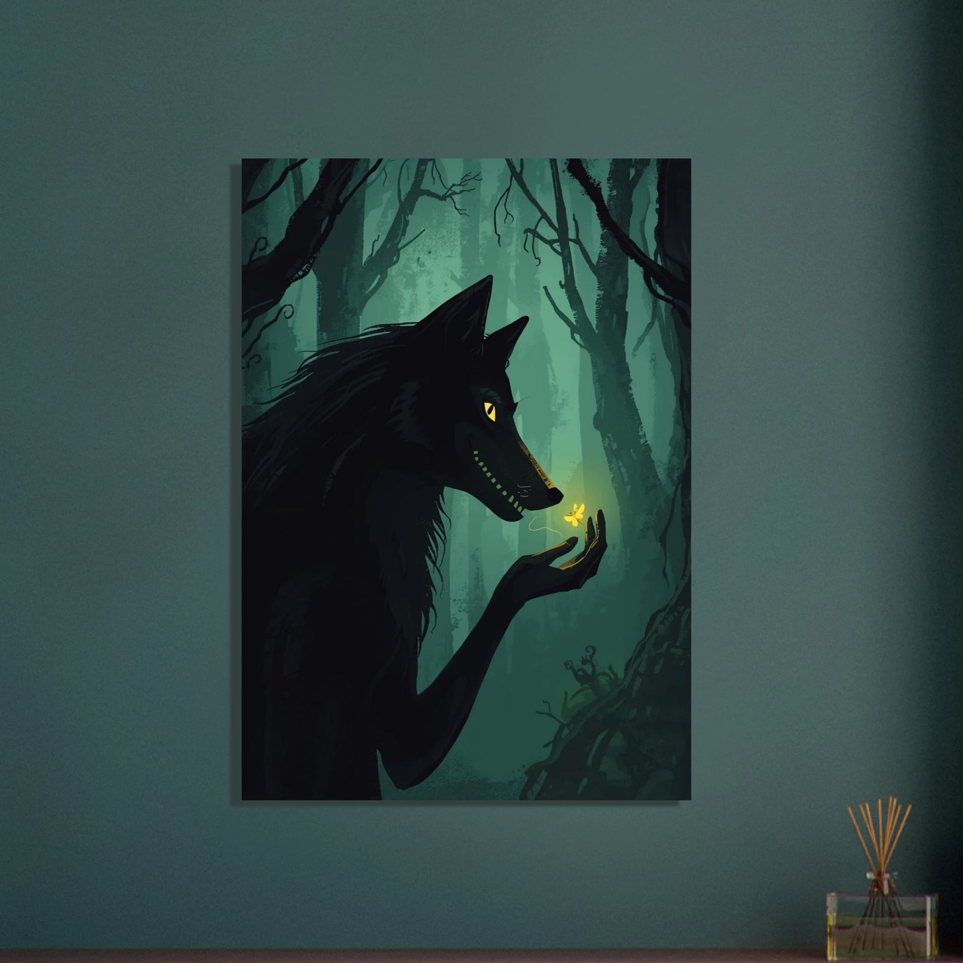 Varg i mörk skog med lysande fjäril, mystisk stämning