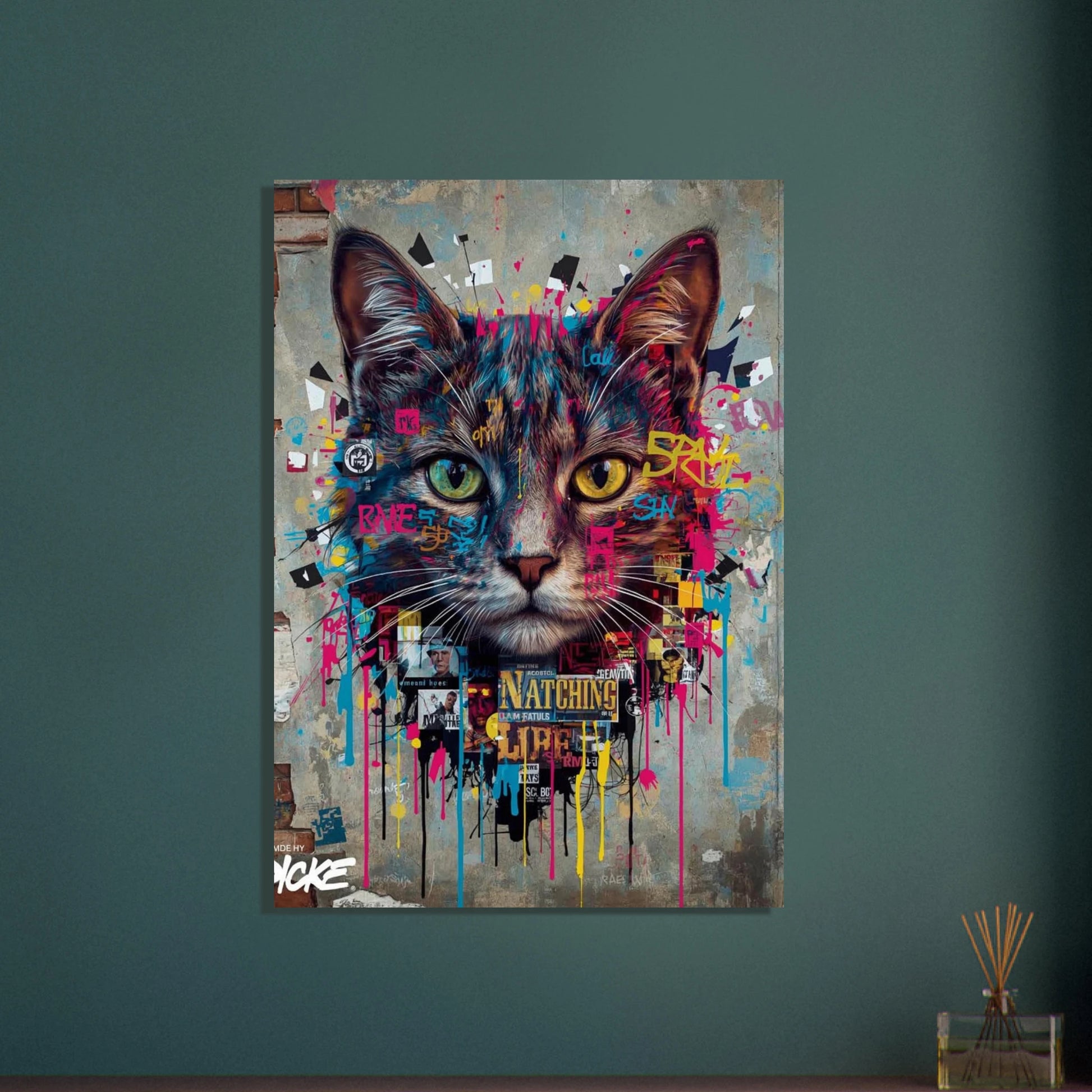 Kattansikte i street art-stil med färgstänk och graffiti på vägg