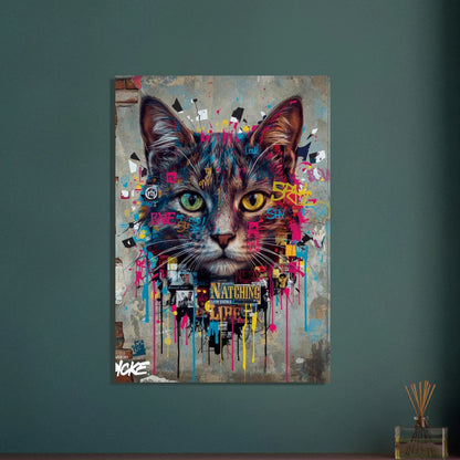 Kattansikte i street art-stil med färgstänk och graffiti på vägg