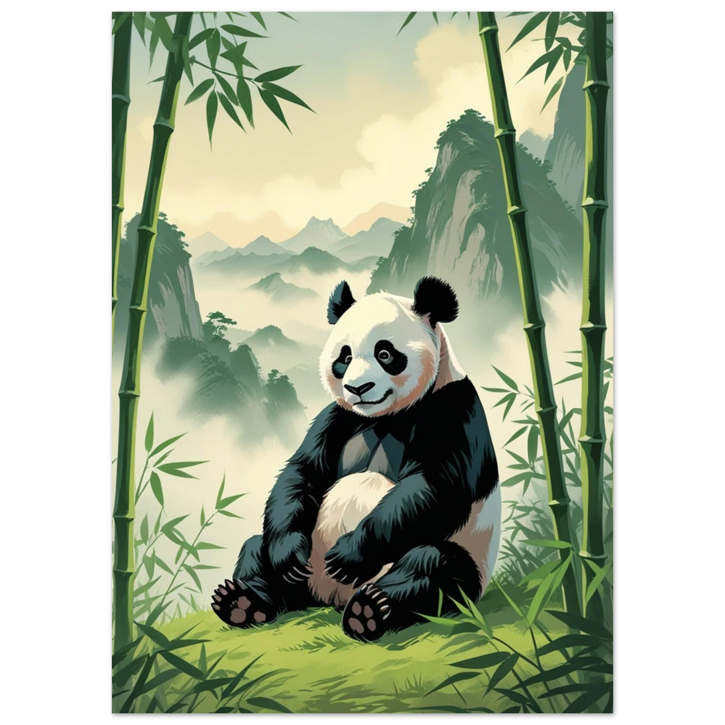Harmonisk illustration av en panda omgiven av bambustammar och bergstoppar