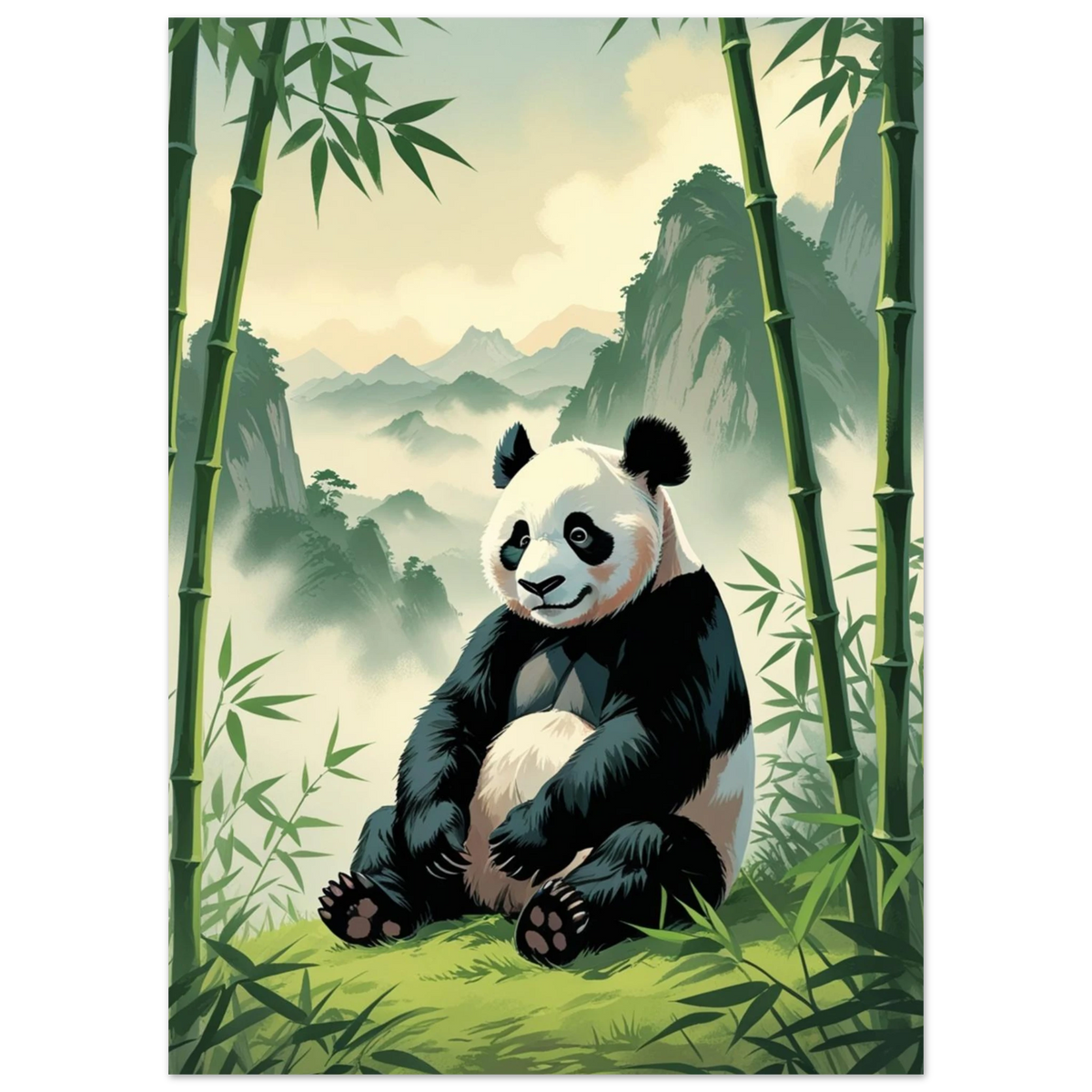 Harmonisk illustration av en panda omgiven av bambustammar och bergstoppar