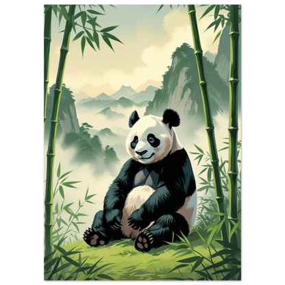 Harmonisk illustration av en panda omgiven av bambustammar och bergstoppar