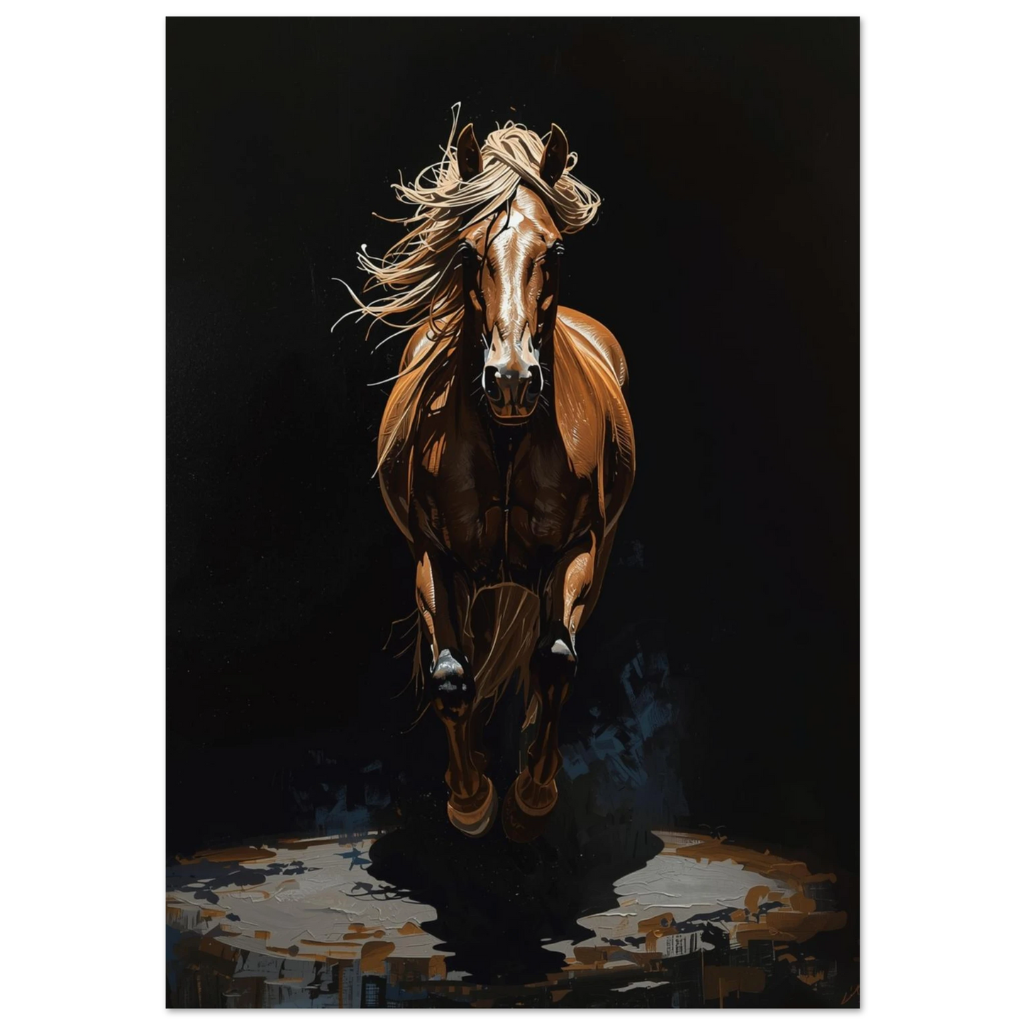 Brun häst i galopp med flygande man, impasto oljemålning på svart bakgrund