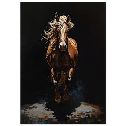 Brun häst i galopp med flygande man, impasto oljemålning på svart bakgrund