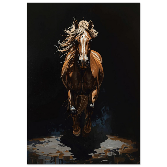 Brun häst i galopp med flygande man, impasto oljemålning på svart bakgrund