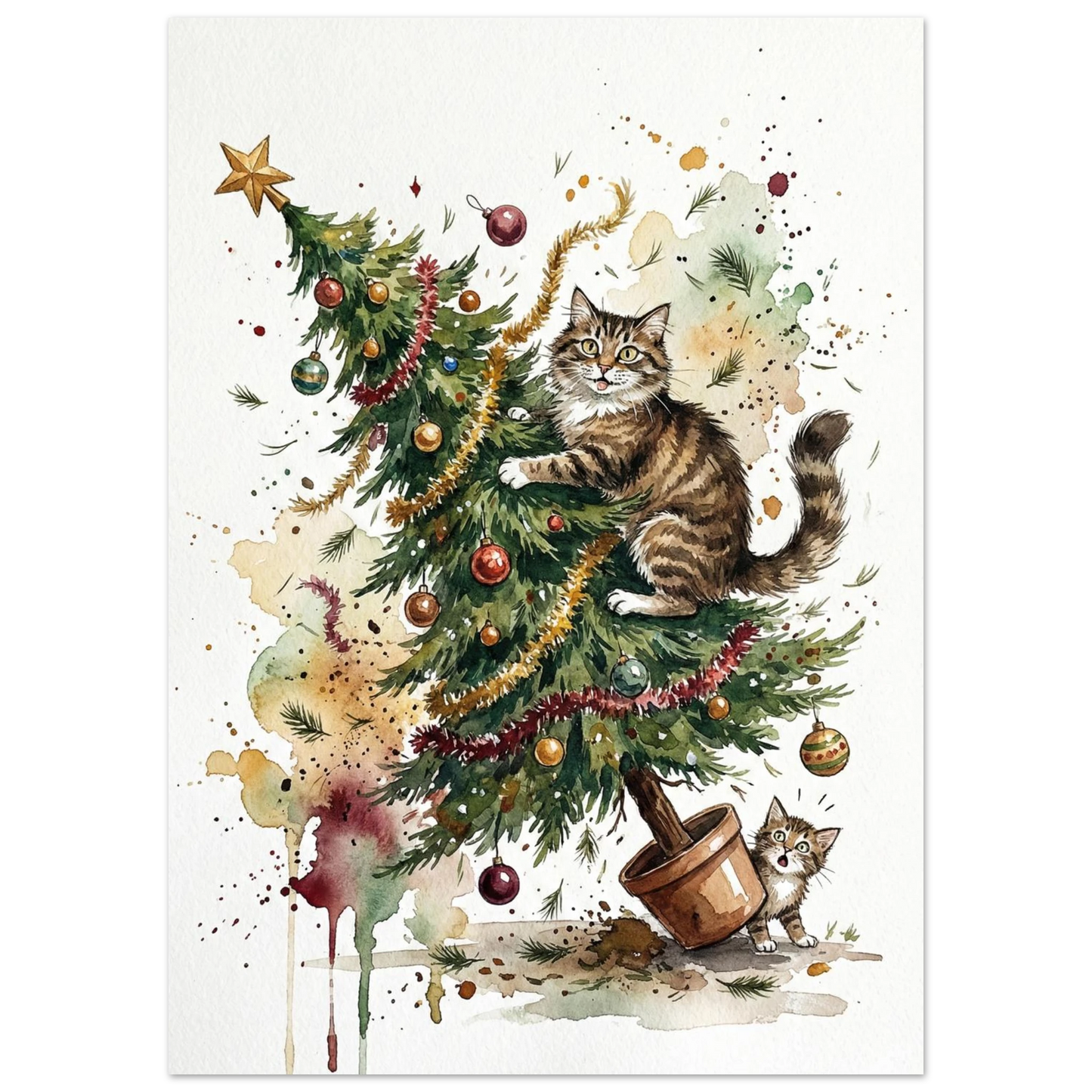 Busig tabbykatt i vältt julgran med färgglada kulor, djurposter