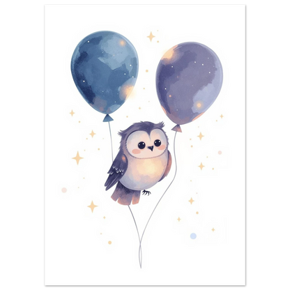 Illustration av liten uggla med lila ballonger i drömsk rymdmiljö, djurposter