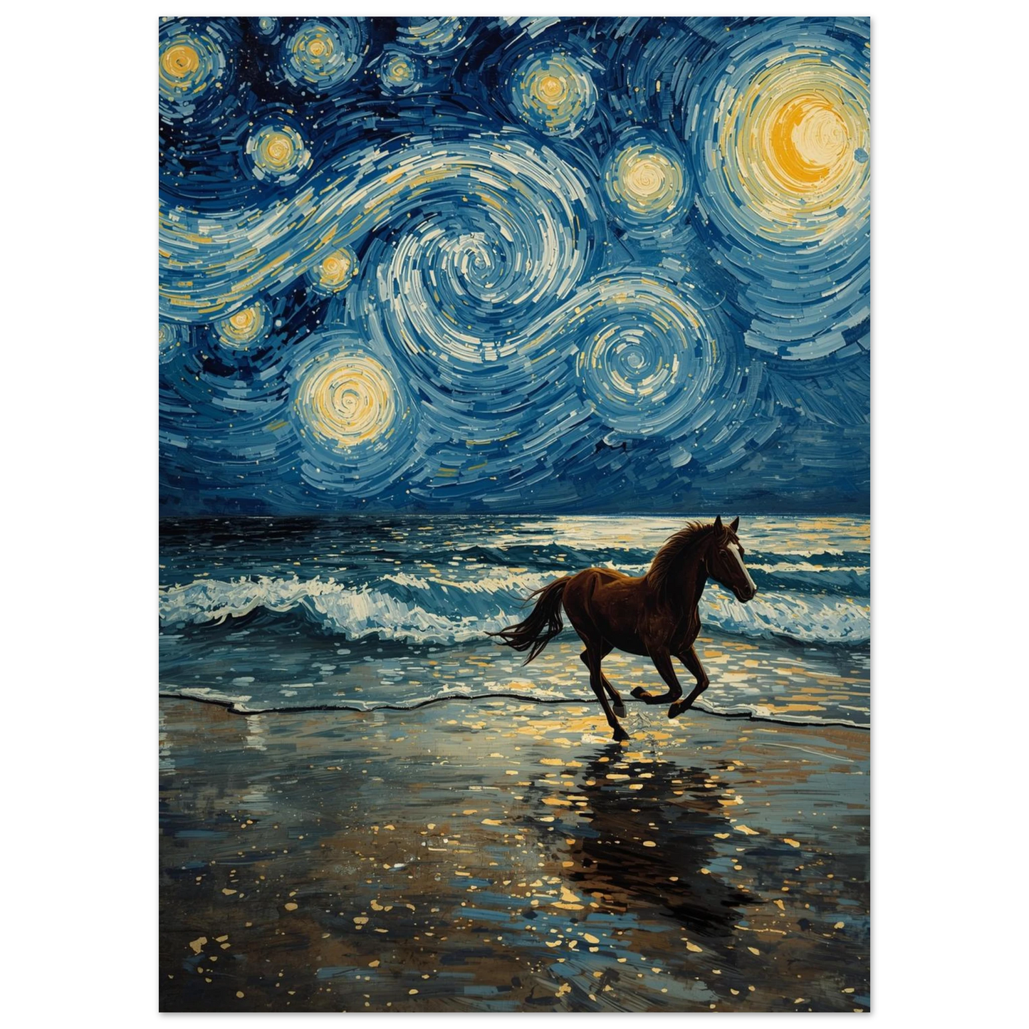 Hästmotiv i Van Gogh-stil med blått hav och guldiga stjärnor