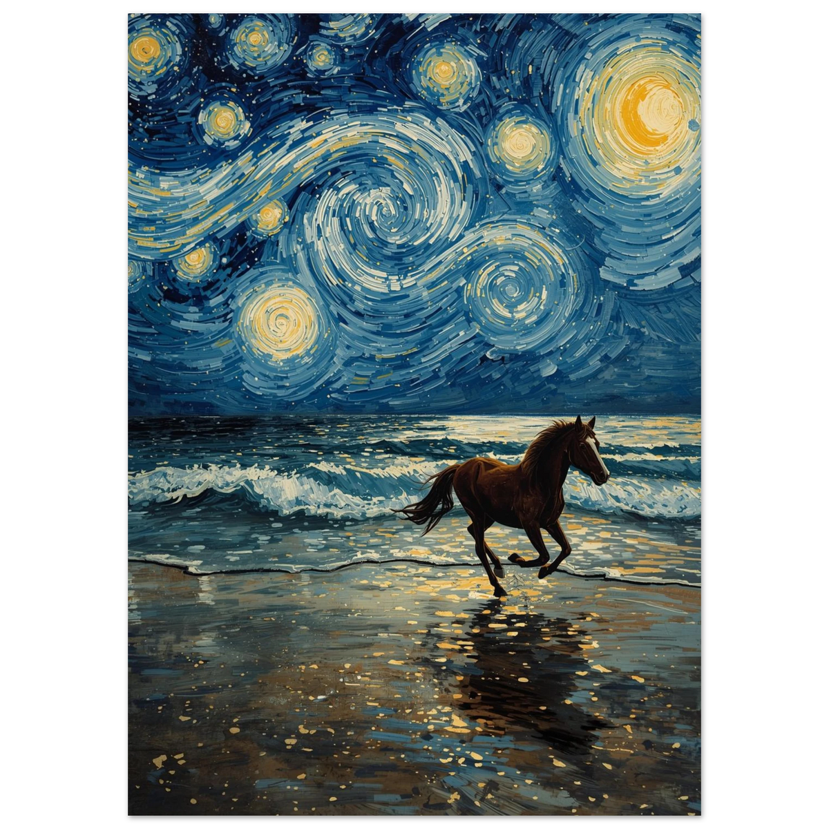 Hästmotiv i Van Gogh-stil med blått hav och guldiga stjärnor