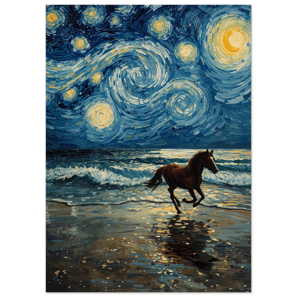 Hästmotiv i Van Gogh-stil med blått hav och guldiga stjärnor
