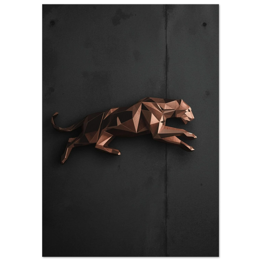 Geometrisk leopard i kopparfinish mot mörkgrå betongvägg, modern djurposter