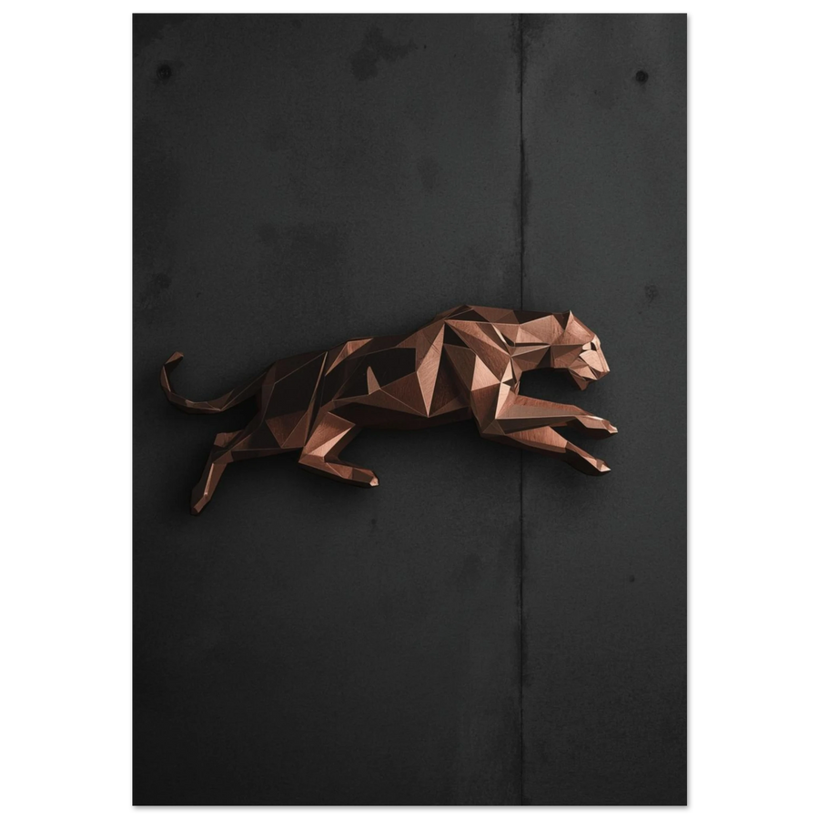 Geometrisk leopard i kopparfinish mot mörkgrå betongvägg, modern djurposter