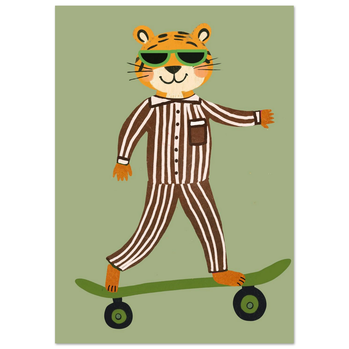 Brunrandig tiger i nattkläder på rullbräda – unik djurtavla i retrostil
