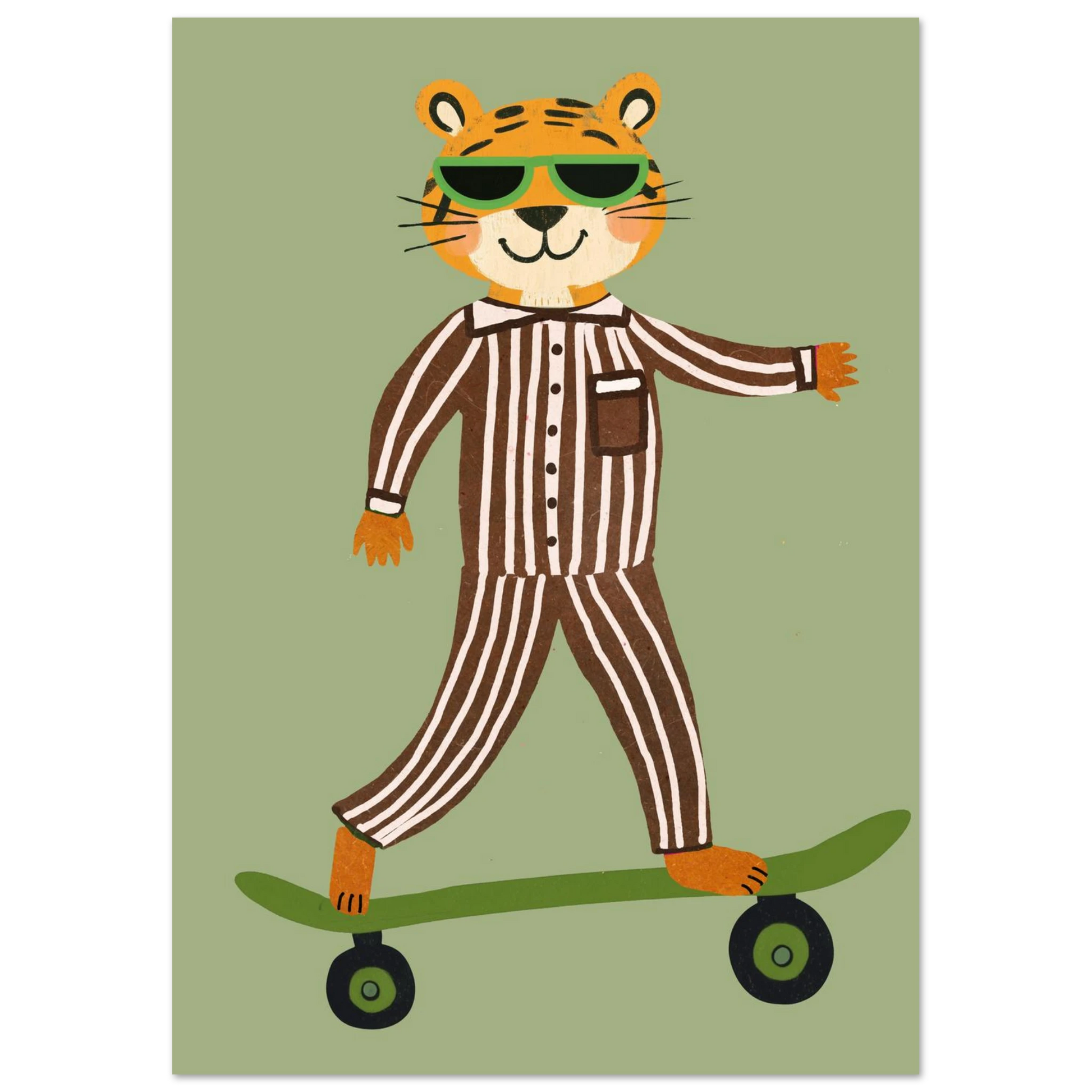 Brunrandig tiger i nattkläder på rullbräda – unik djurtavla i retrostil