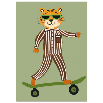 Brunrandig tiger i nattkläder på rullbräda – unik djurtavla i retrostil