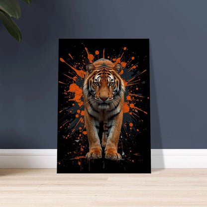 Majestätisk tiger med intensiv blick mot en konstnärlig bakgrund.