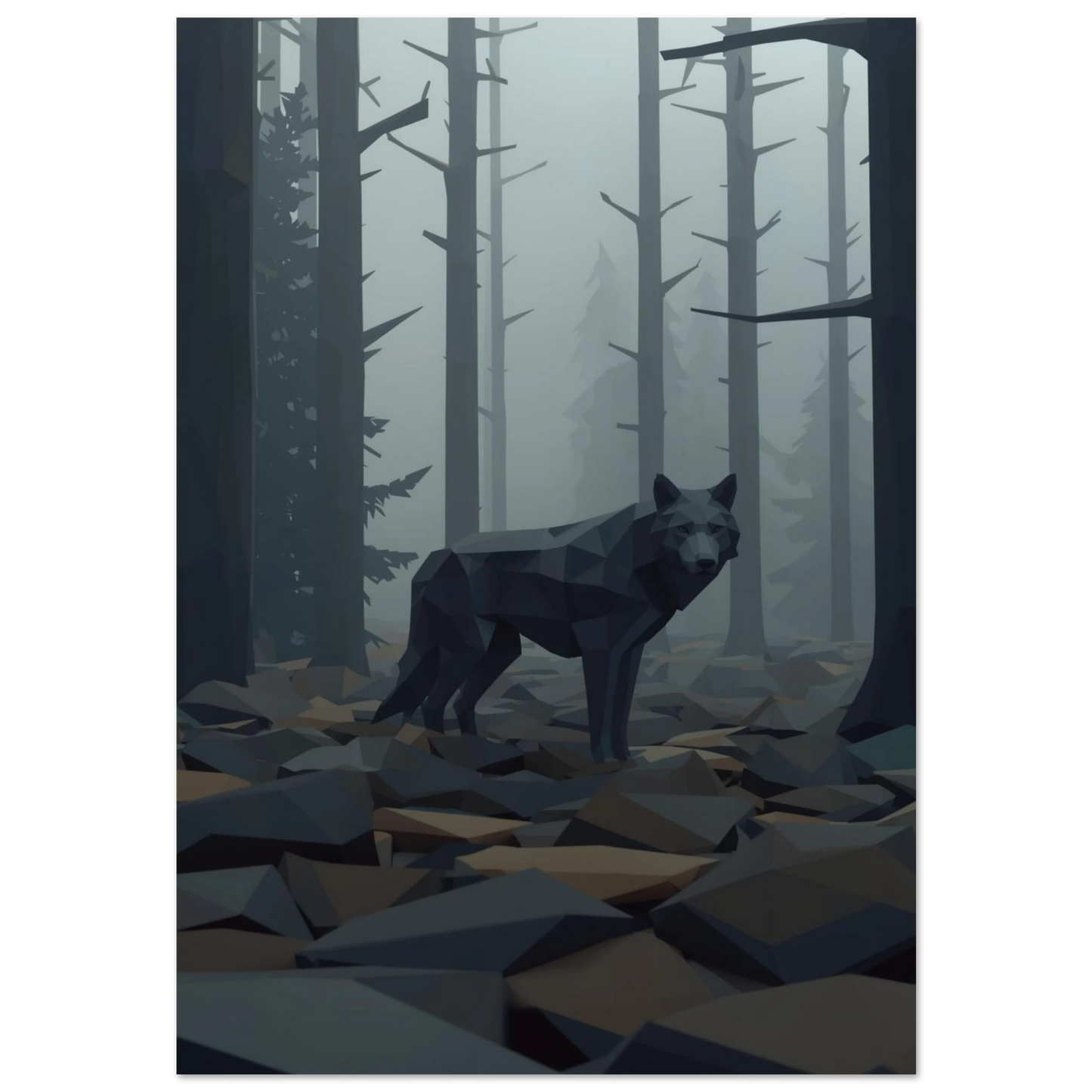 Low poly varg i dimmig granskog – geometrisk djurposter