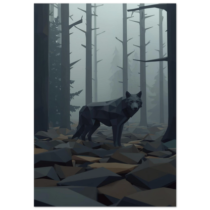 Low poly varg i dimmig granskog – geometrisk djurposter