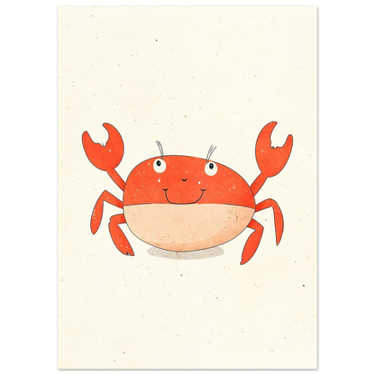 Illustration av en vänlig orange krabba på prickig beige bakgrund