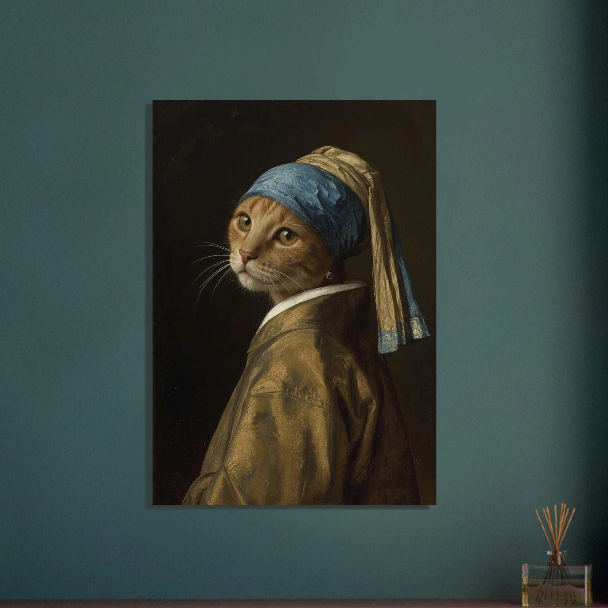 Katt i klassisk oljemålning med turban och pärlörhänge