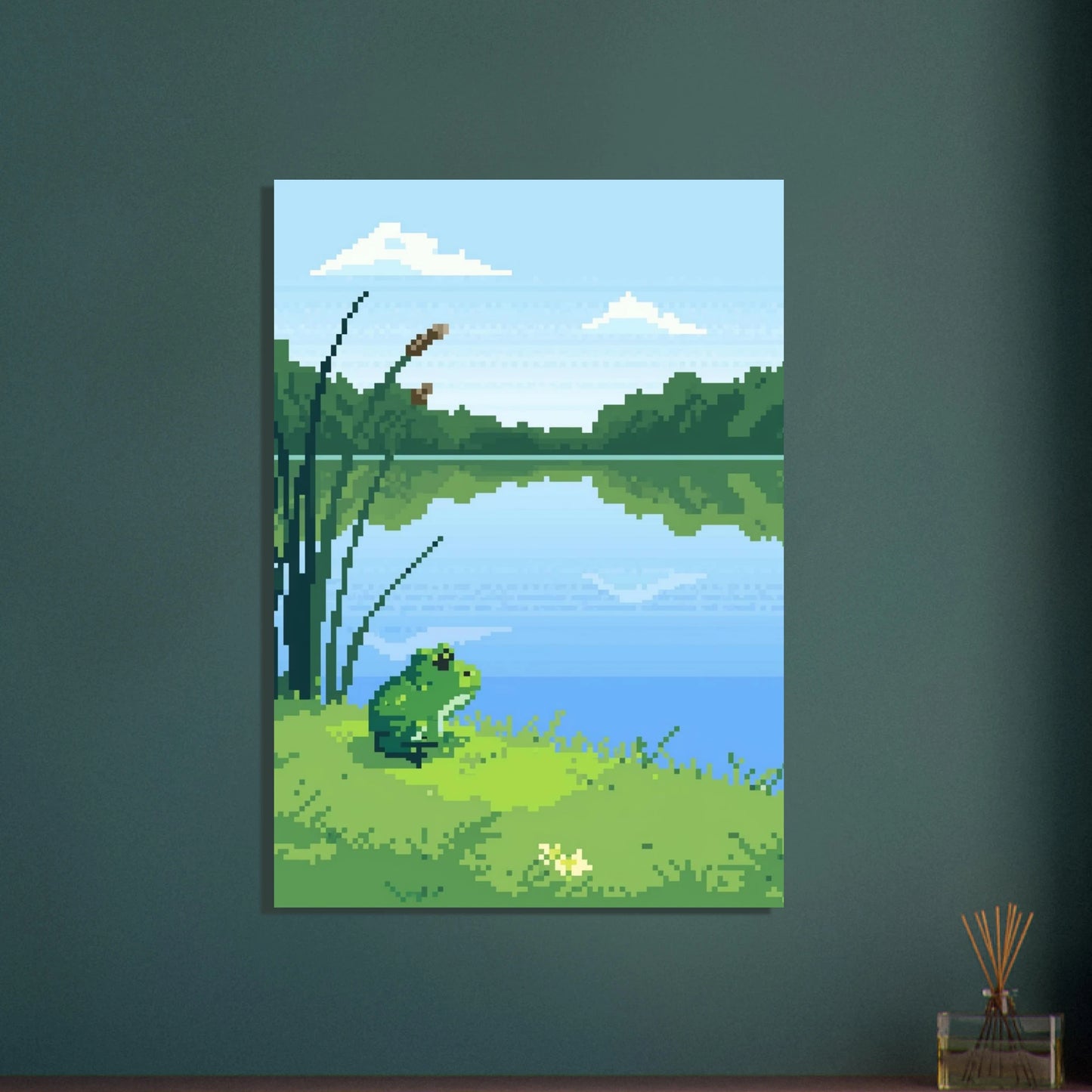 Grön groda vid lugn sjö, pixelkonst, fridfull natur.